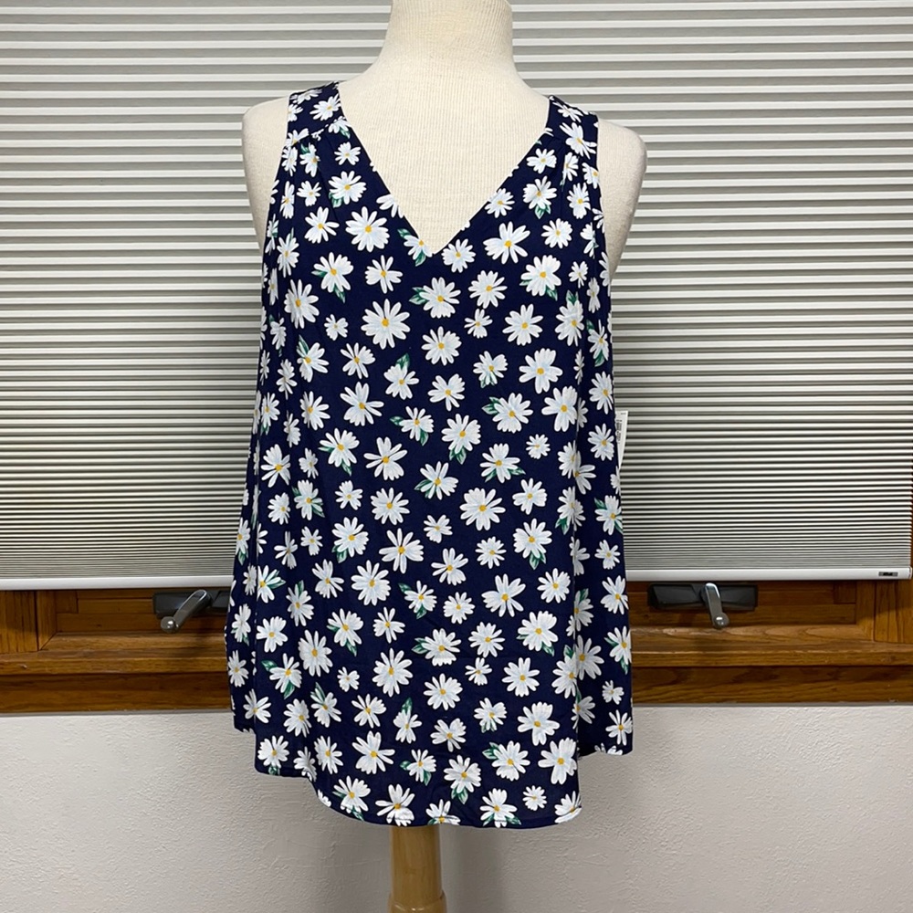 Old Navy Navy Floral Daisy V-Neck Tank Top